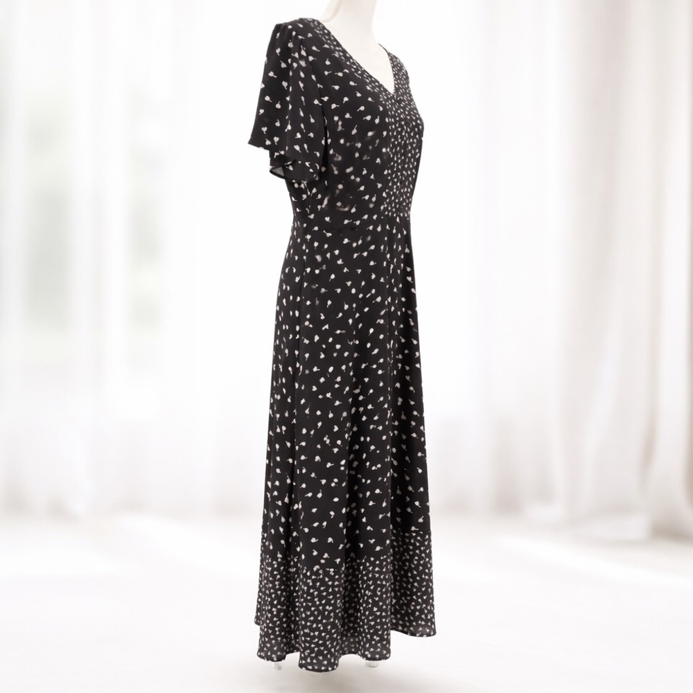 Talbots Womens 12 Flutter Sleeve Midi Dress Black White Dot Pockets Lined A-Line - Picture 2 of 13